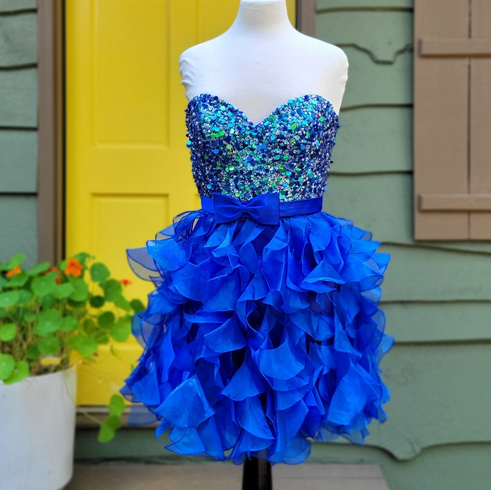 Sherri Hill Royal Blue Sequin Ruffle Mini Dress | Strapless Sweetheart Prom Gown